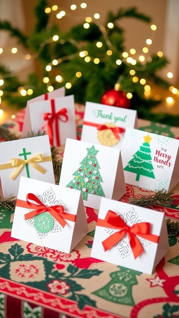 A display of handmade Christmas thank you cards with festive designs on a table decorated for the holidays.